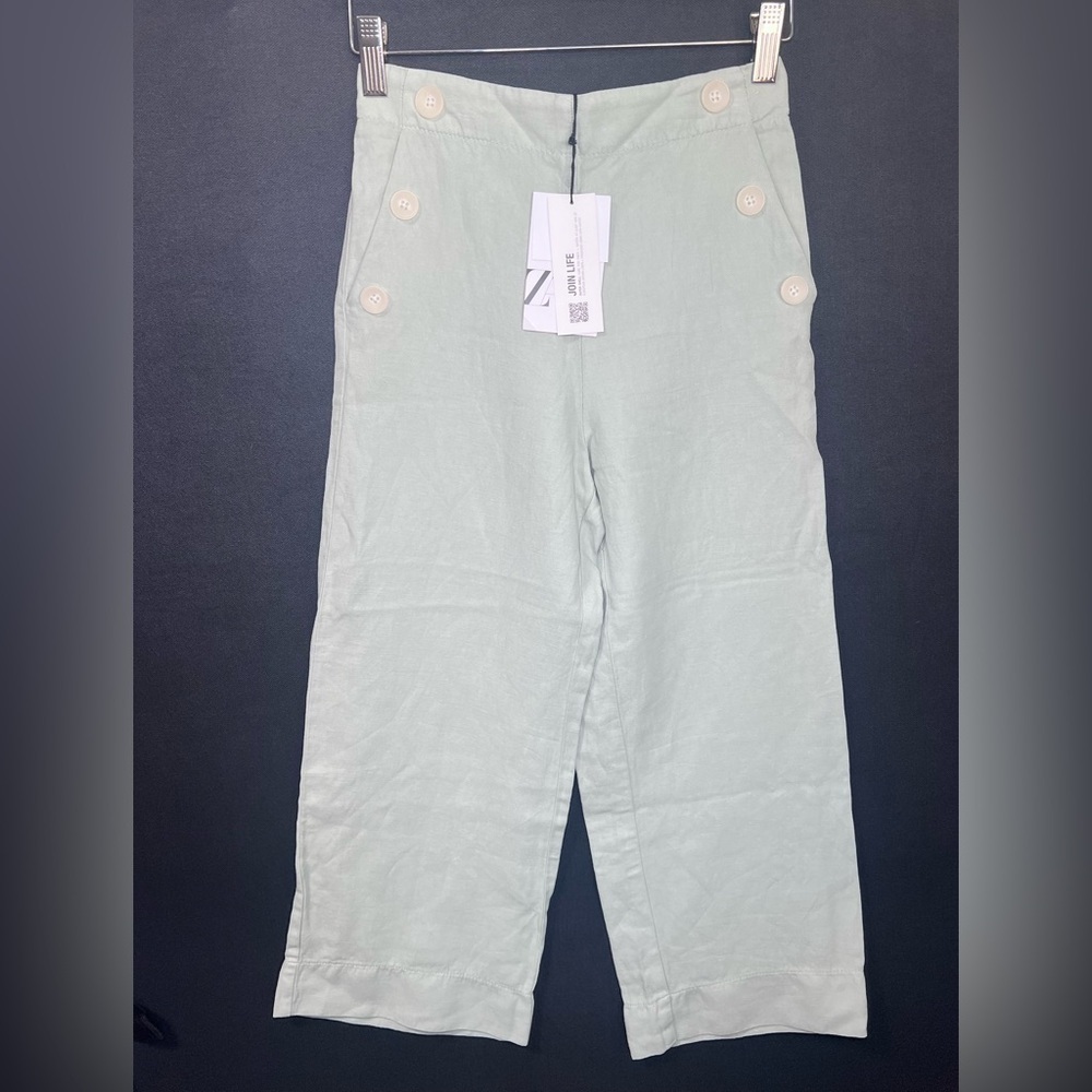 NWT Girls Zara Light Green Wide Leg Cropped Linen Blend Trousers Pants Sz 11-12